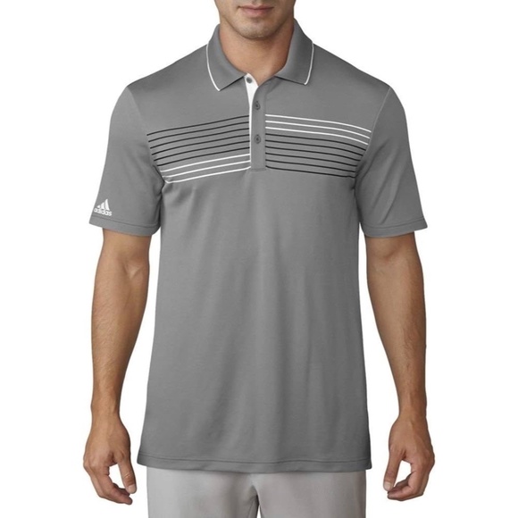 Adidas XL Golf Gray Chest Print Polo Shirt Stretch Stripe Relaxed Fit - Picture 1 of 9